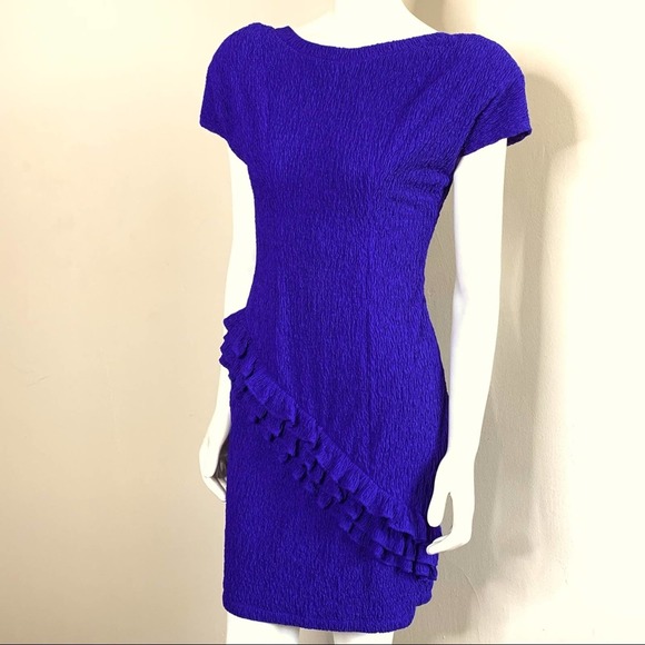 Vintage 80s Stretch Pucker Knit Dress size M Ruffle Bodycon Wiggle Party Violet - Picture 1 of 8